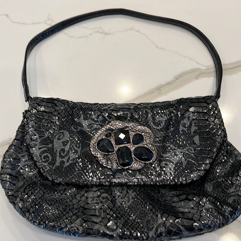 NWT Vintage Jeweled Snake Medallion Snake Print Statement Clutch/Baguette Bag